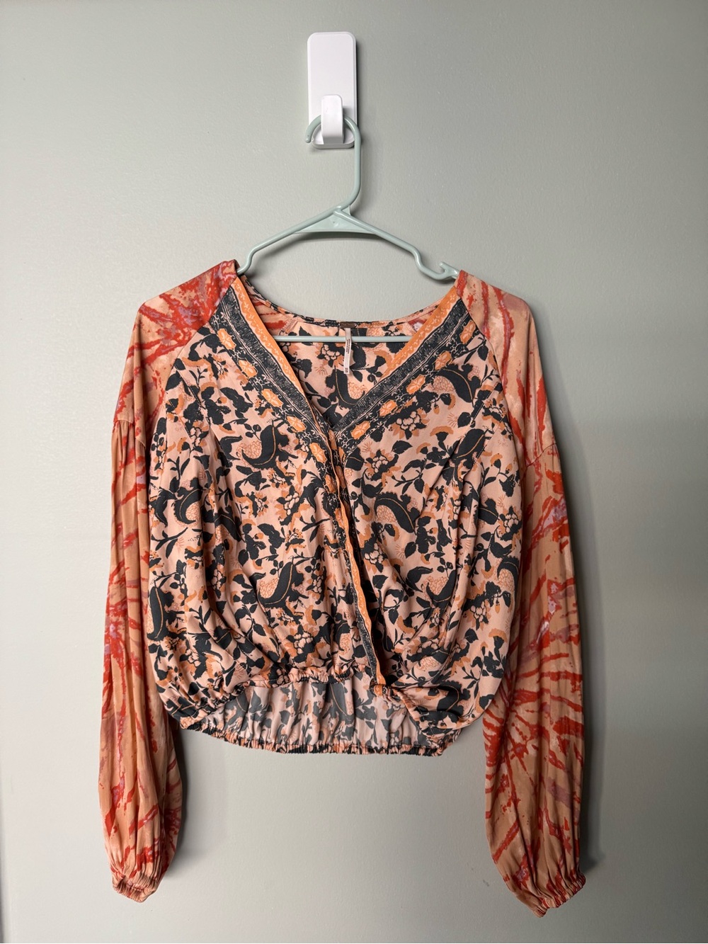Free People Peach and gray Mixed-Print Smocked Waist Blouse